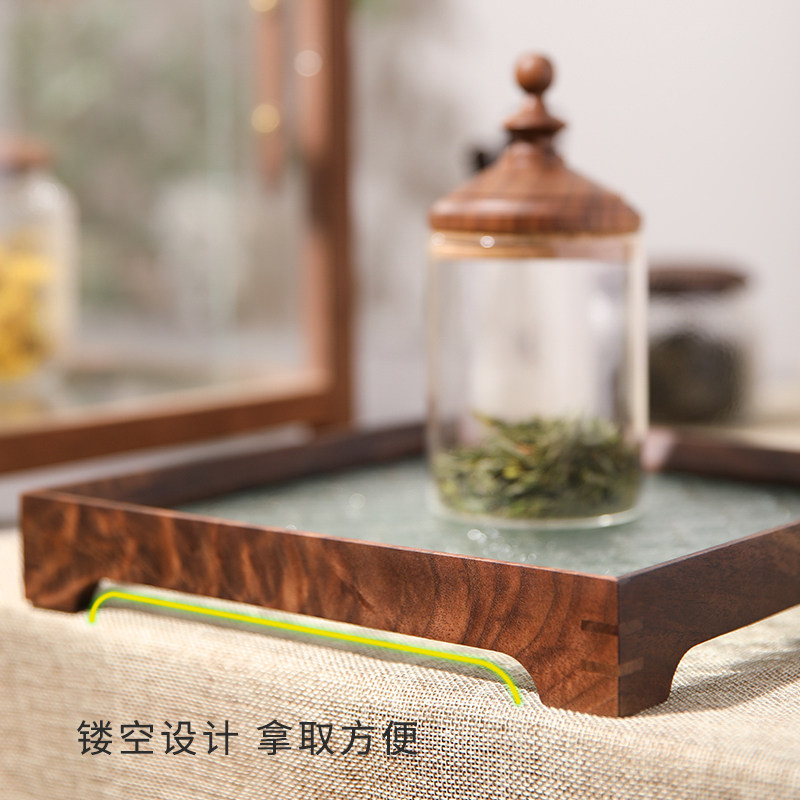 中式茶盘家用实木复古海棠花玻璃托盘长方形黑胡桃木创意收纳盘子