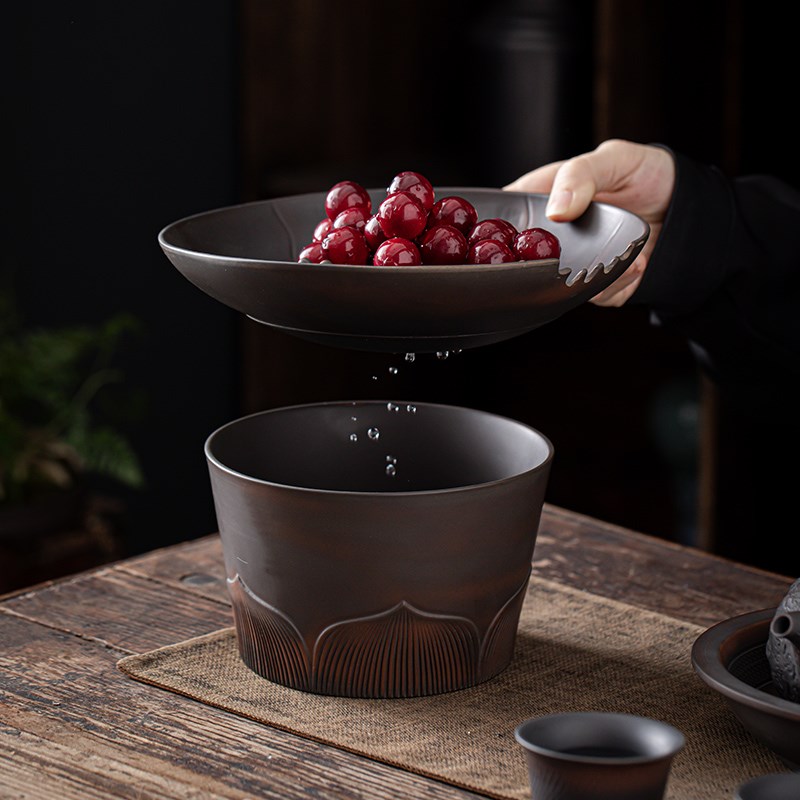 紫陶家用客厅茶渣缸茶洗陶瓷大号复古带盖过滤水盂水洗茶具配件