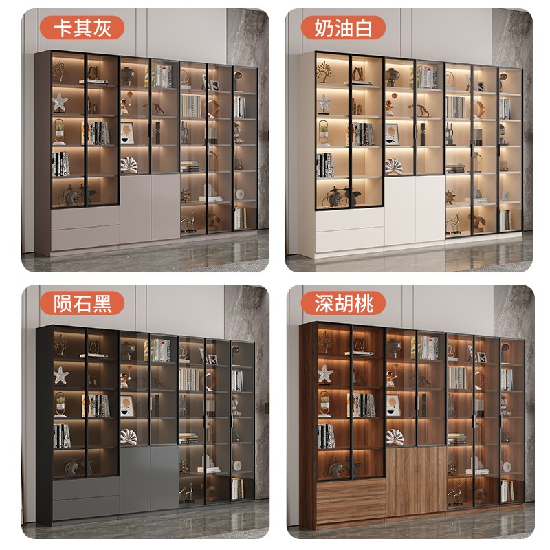 实木定制书柜带玻璃门展示柜轻奢家用客厅一体整墙到顶书架满墙柜