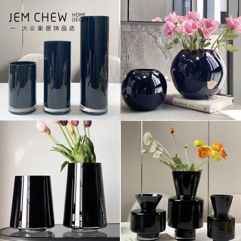 轻奢北欧黑色玻璃花瓶加厚水培插花样板间售楼处客厅餐桌家居饰品