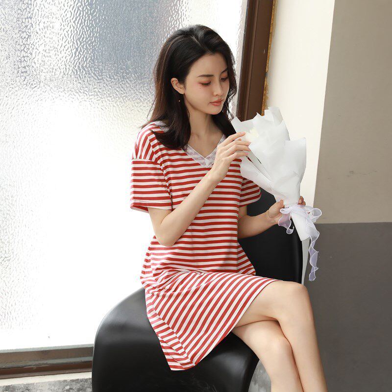 竹棉莫代尔带胸垫睡裙女夏季款蕾丝连衣裙短袖宽松条纹睡衣薄款