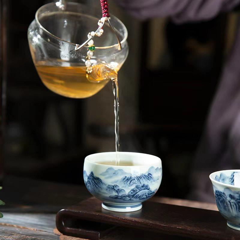 景德镇青花山水主人杯单个茶杯手工手绘釉下高档陶瓷个人专用茶具