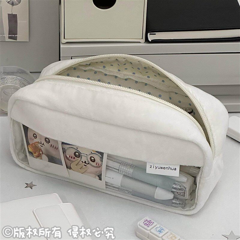 原创白色毛绒痛包笔袋ins创意高颜值学生铅笔盒大容量文具收纳袋
