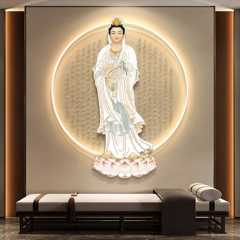 观音菩萨禅意玄关装饰画LED灯光挂画佛像新中式心经字画茶室壁画