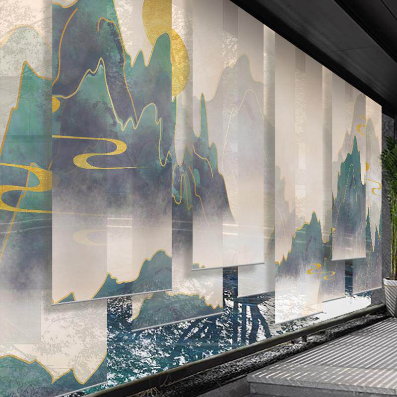 新中式创意山水定制免打孔办公室卷帘窗帘软隔断纱帘客厅茶室挂屏