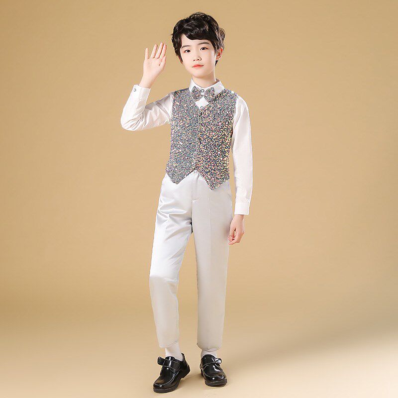 男童钢琴礼服四件套演出服儿童幻彩灰亮片马甲衬衫西裤套装表演服