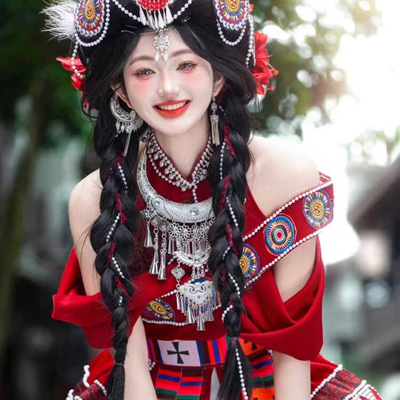 纳西族服装女改良版头饰礼服长裙云南贵州旅拍摄影少数民族演出服