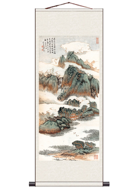 青绿山水茶楼装饰画名家字画山水画国画张大千字画丝绸礼品卷轴画