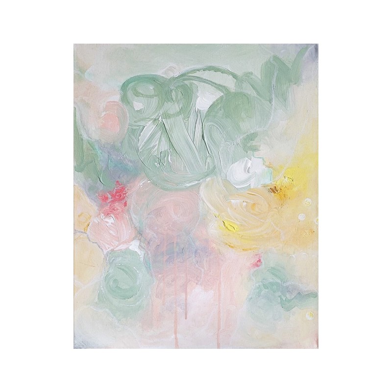 颐画手绘油画《花语春来》奶油风装饰画客厅挂画玄关竖版纯手工画