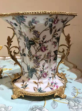 欧式玄关装饰摆件花插陶瓷配铜花瓶美式客厅工艺品黄铜装饰摆设
