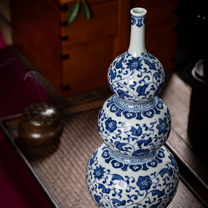 钟家窑景德镇陶瓷青花瓷花瓶大号客厅酒柜装饰高端葫芦瓶瓷器摆件