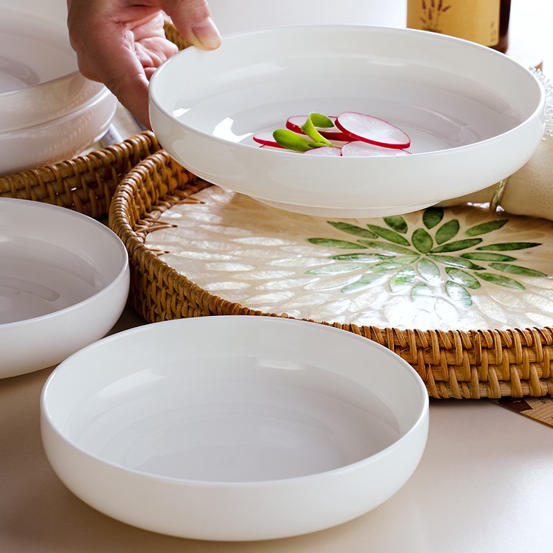 白色釉下彩盘子加深菜盘汤盘家用装菜碟子餐具8寸盘可微波6寸圆盘