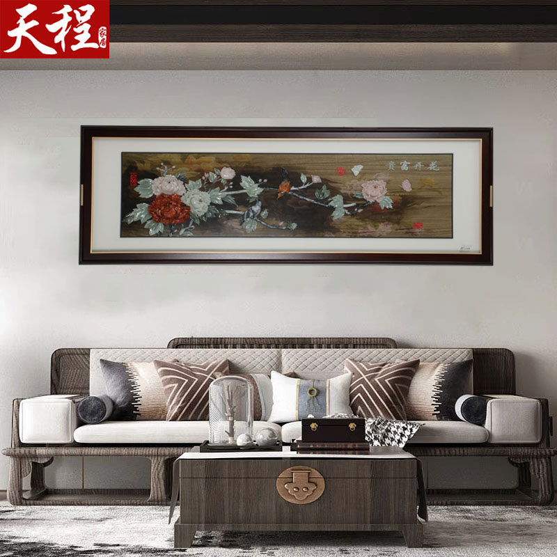 新中式客厅装饰画玉雕沙发背景墙挂画高端大气3d立体浮雕玉石大厅