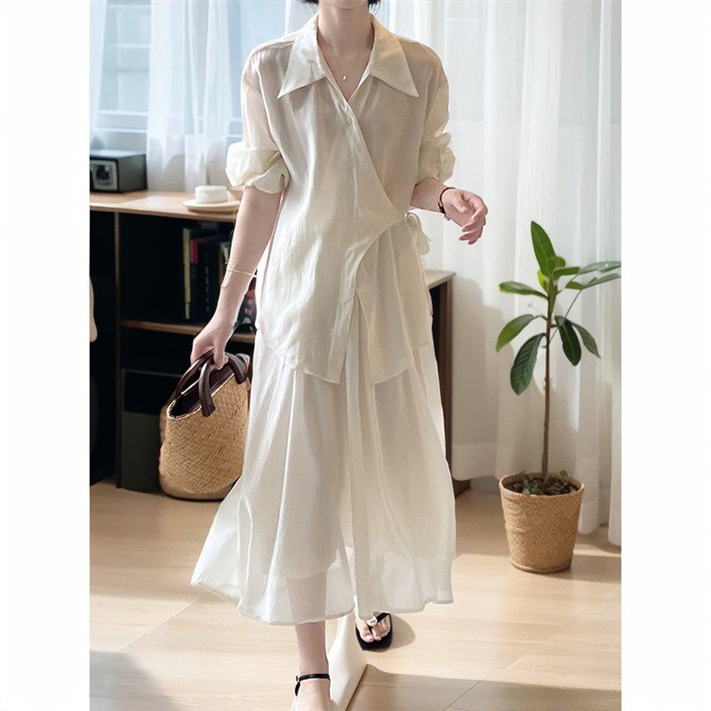 国风新中式长袖防晒衬衫女装春季新款宽松薄款半身裙两件套装女