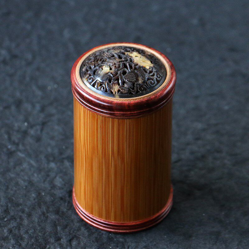精品纯手工制作天然老玉竹镂空雕刻蒙心蝈蝈罐红檀木封口竹叫罐筒