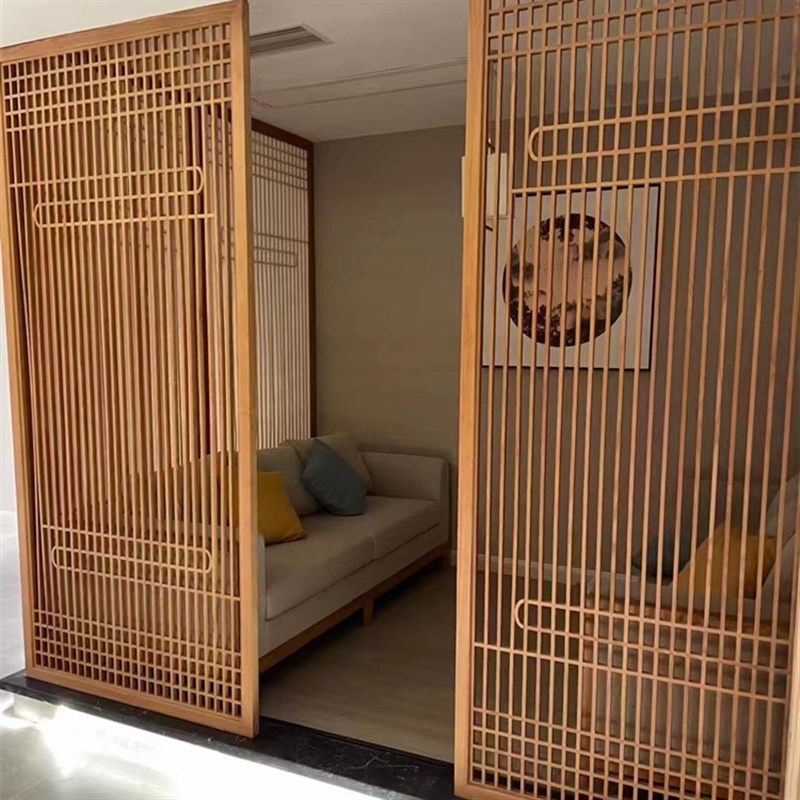新中式屏风隔断玄关 中式格栅 镂空花格 实木屏风 原木花格装饰