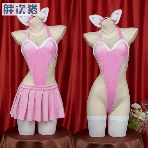 连体猫女郎套装 毛绒性感兔女郎学姐挂脖吊带睡裙高叉家居服