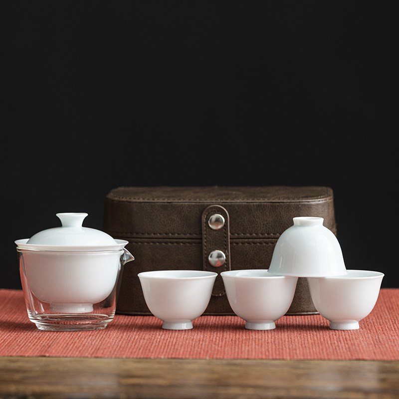 唐舍青瓷旅行茶具套装快客杯四杯玻璃茶海陶瓷户外便携式泡茶盖碗