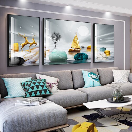 客厅装饰画大气沙发背景墙壁画新中式轻奢挂画简约北欧麋鹿风景画