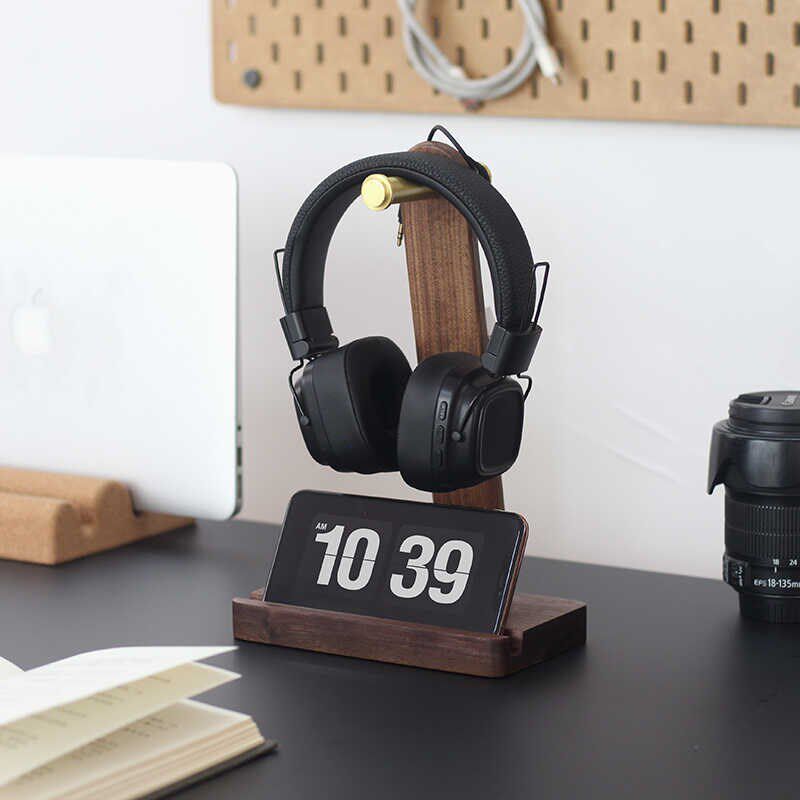 三思工房实木黄铜耳机支架胡桃木头戴式耳机收纳挂架带绕线手机架