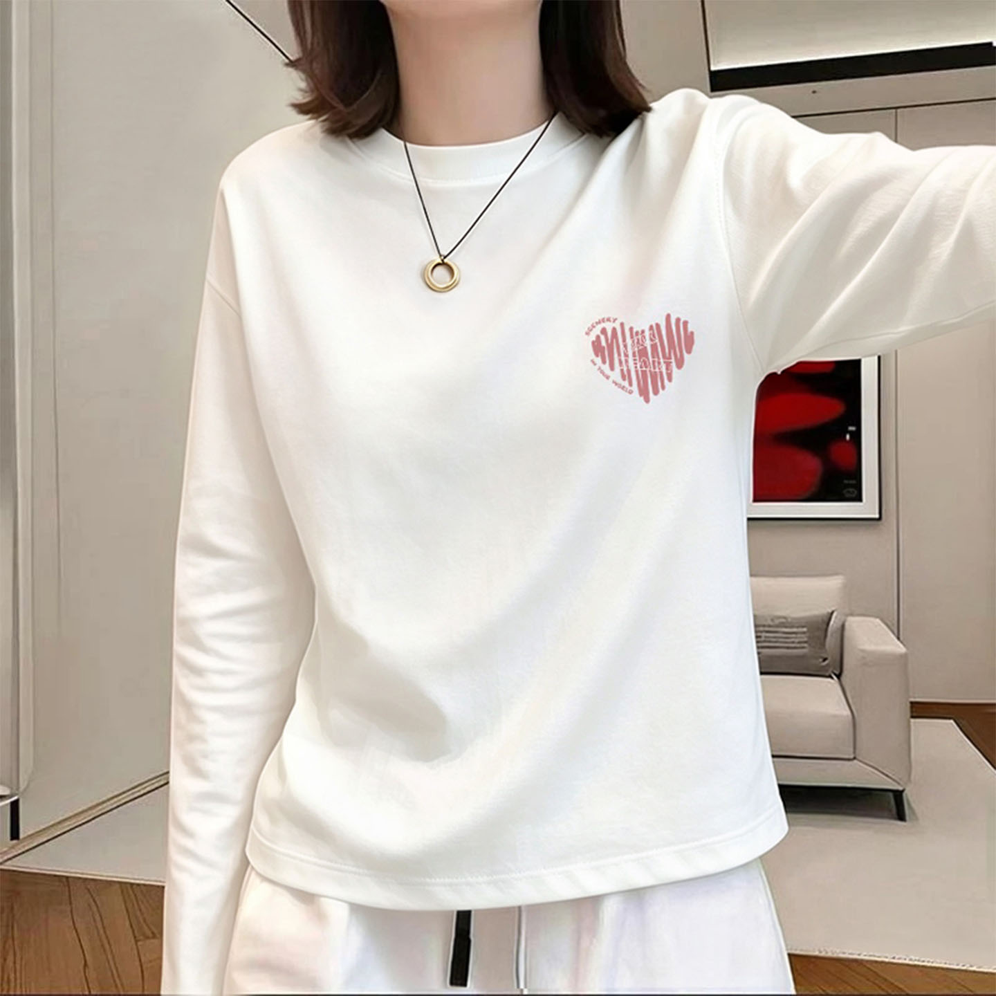 秋季棉质爱心设计感长袖T恤女