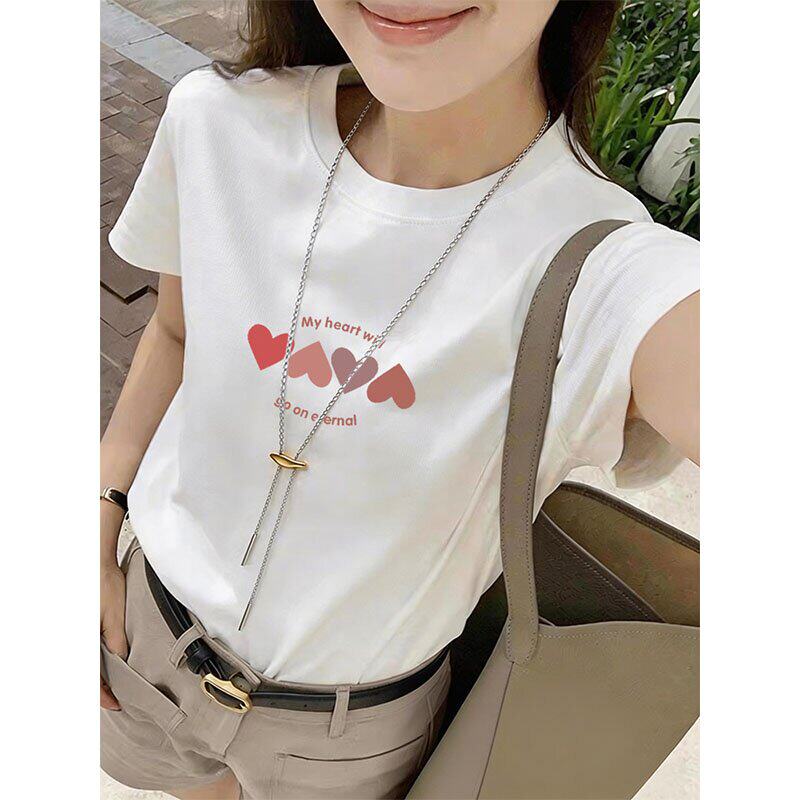 白色棉质短袖t恤女夏季2026年新款简约爱心印花短款显瘦上衣ins潮