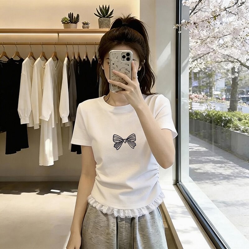 夏季高腰显瘦纯棉正肩短袖t恤女