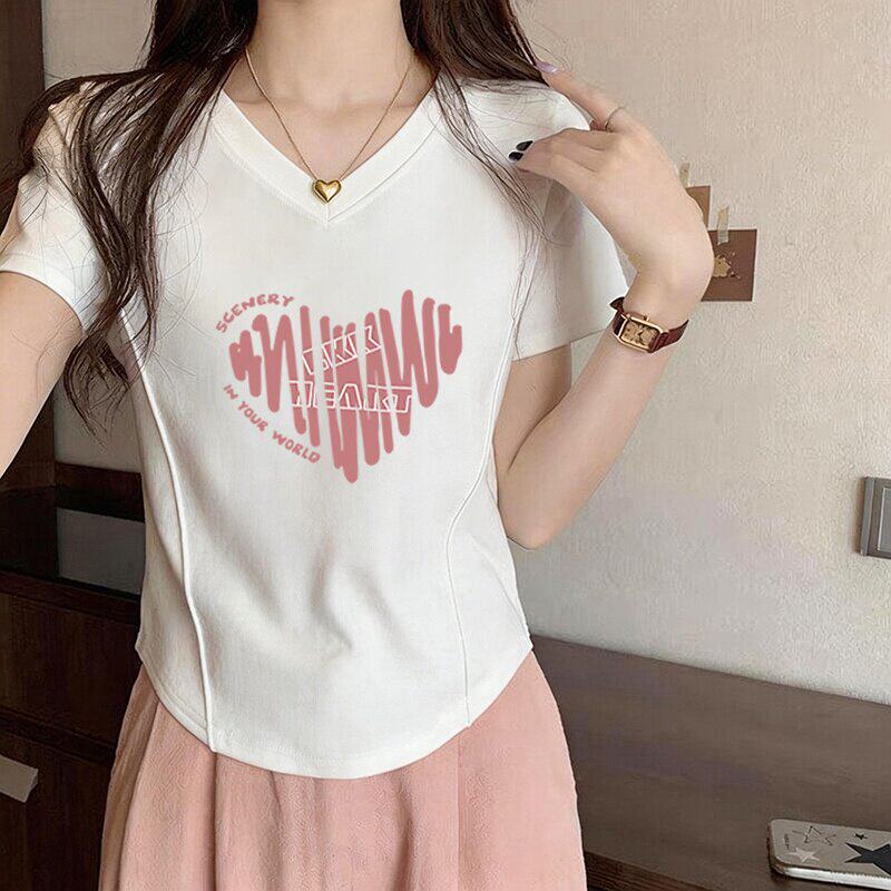 2026夏季新款V领短袖t恤女显瘦百搭短款小个子半袖不规则鱼骨上衣