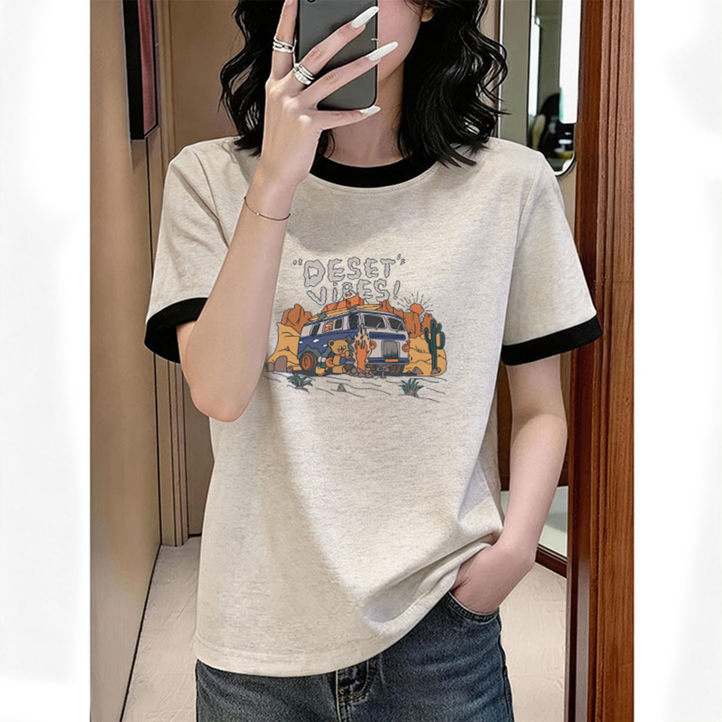 2026新款夏装撞色拼接短袖t恤女棉质杏灰色显瘦减龄薄款内搭上衣