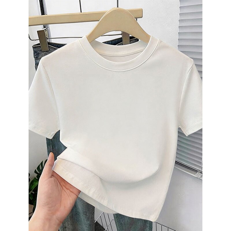 棉纯白色短袖t恤女夏季2026新款修身显瘦短款上衣体恤简约打底衫