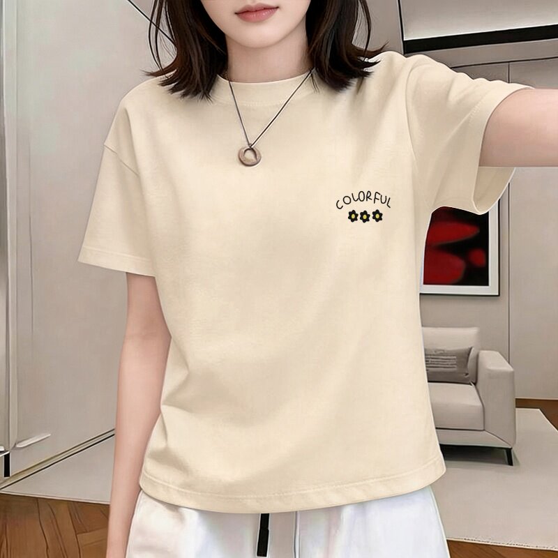 奶油色正肩棉质短袖t恤女装夏季新款圆领宽松字母设计感洋气上衣