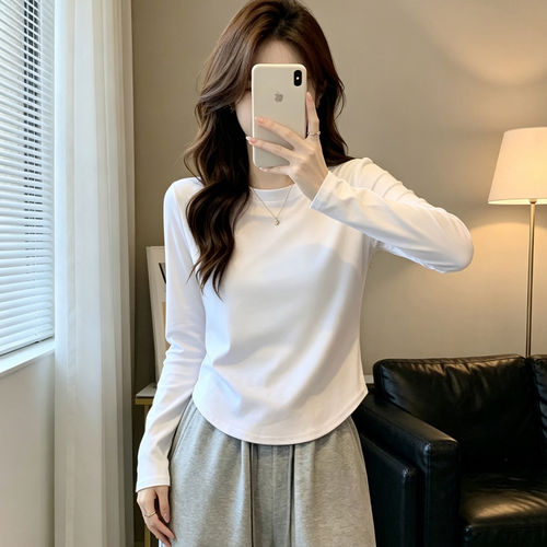 白色长袖T恤女2026秋季新款弧形下摆内搭外穿打底衫小众上衣潮流
