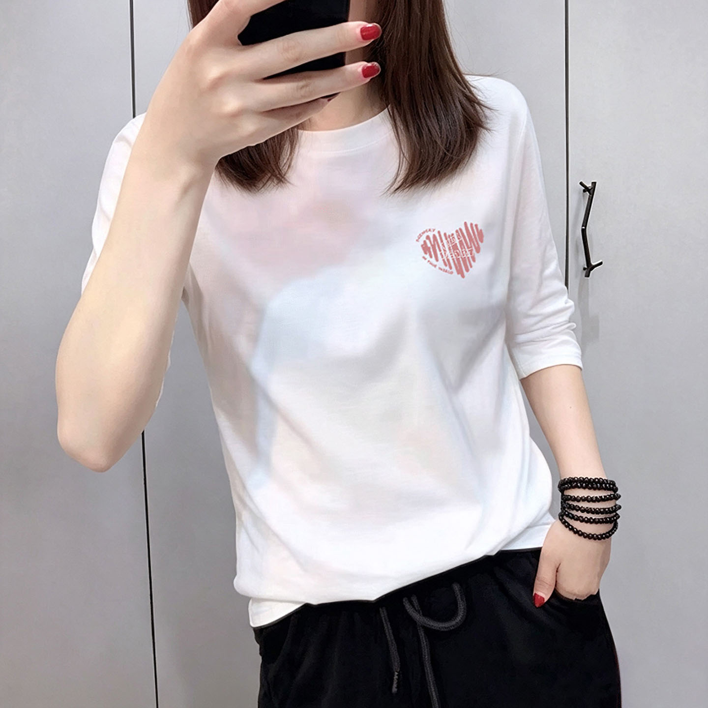 2026春秋七分袖t恤上衣女新款小众设计感上衣秋季宽松中袖打底衫