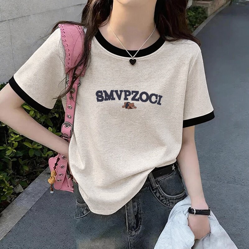 棉质拼色宽松T恤女短袖小衫夏季新款洋气减龄正肩设计感小众上衣