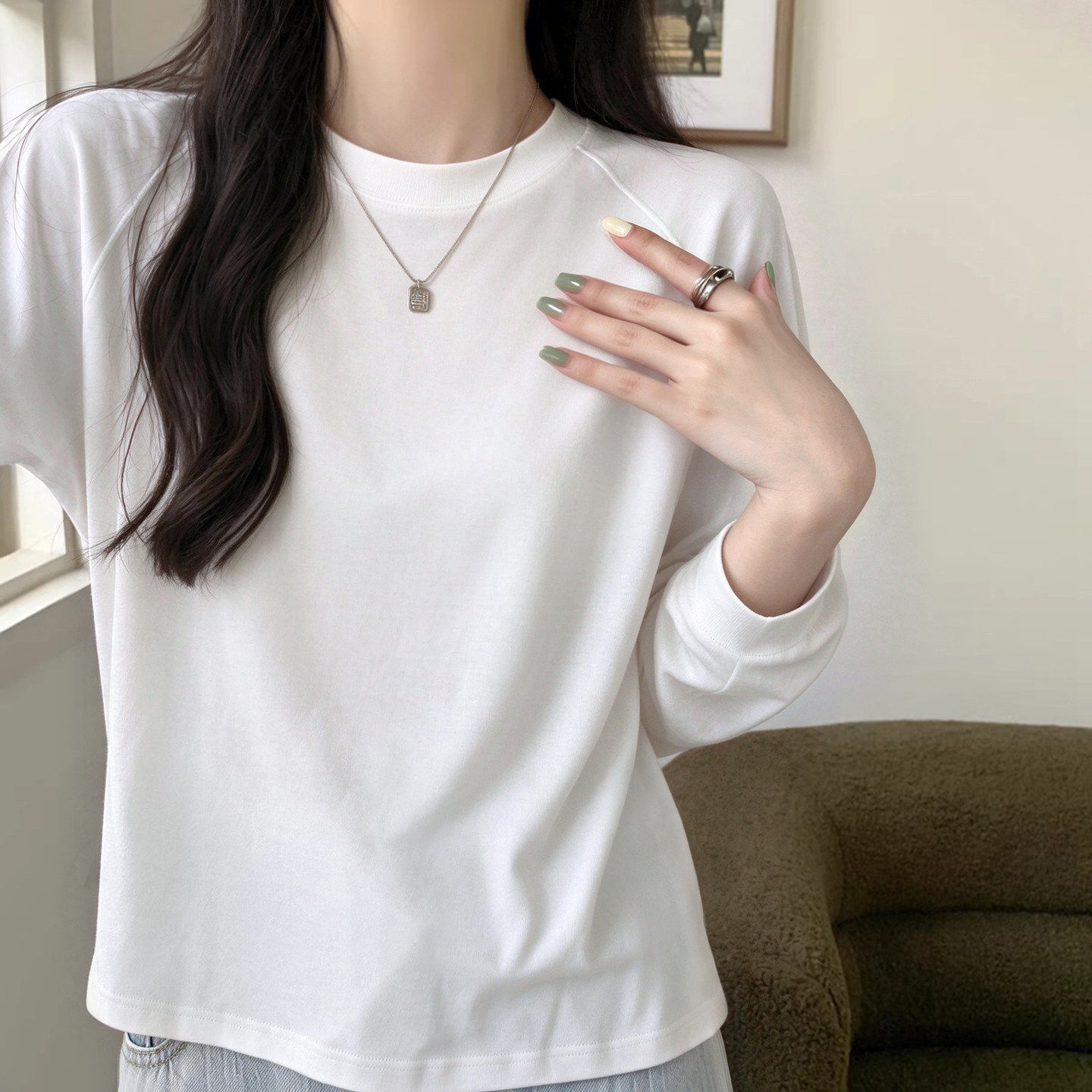 纯棉白色圆领长袖T恤女秋新款