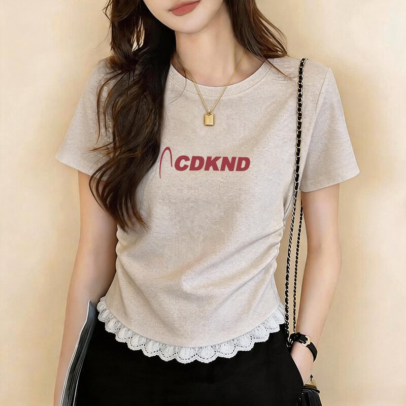 韩系纯棉短袖T恤女蕾丝拼接上衣