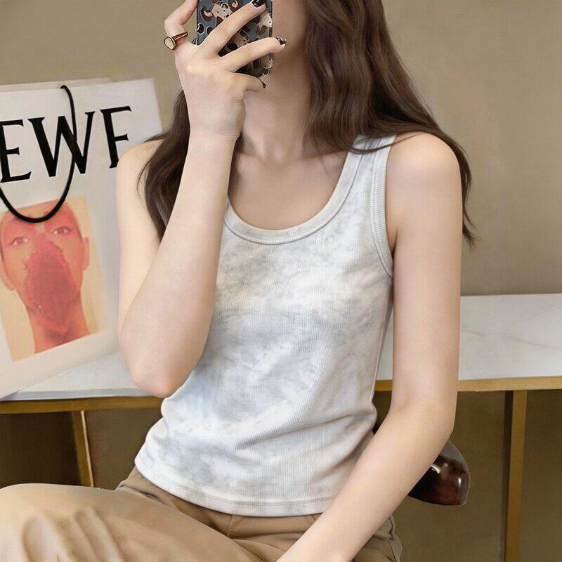 纯棉扎染吊带背心女内搭打底无袖t恤设计感小众外穿短款时尚上衣