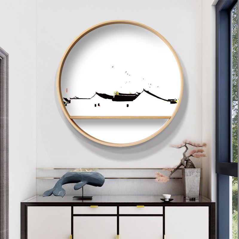 新中式入户玄关装饰画圆形禅意茶室背景墙挂画餐厅客厅饭厅壁画