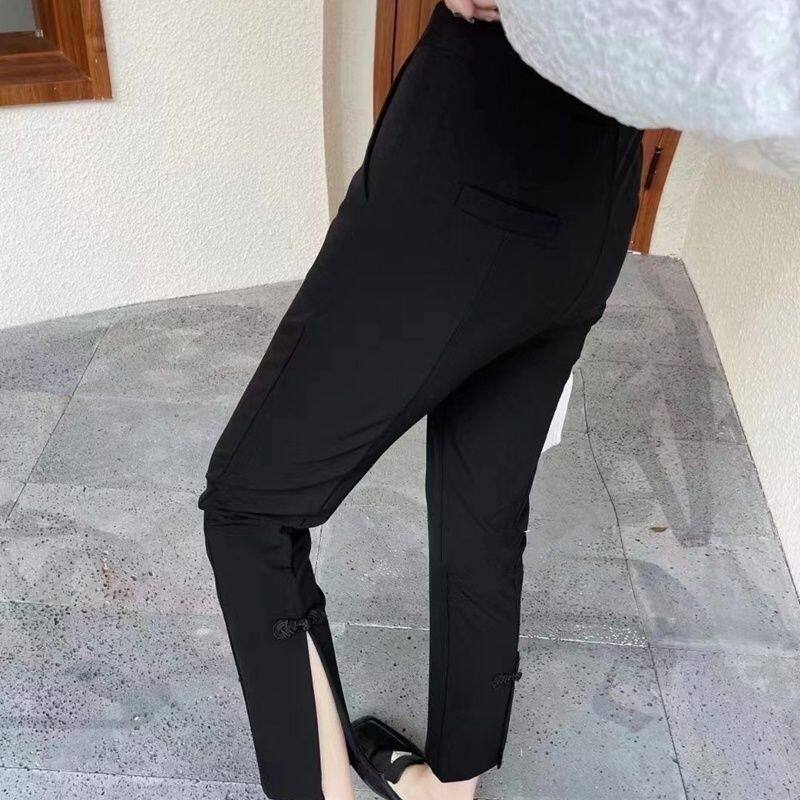 复古纽襻开叉西装裤夏薄款女高腰显瘦八分直筒垂感休闲职业烟管裤