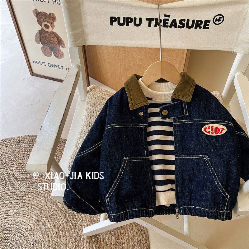 超好看~儿童秋冬夹棉轻软型牛仔外套男童春秋加厚翻领夹克上衣