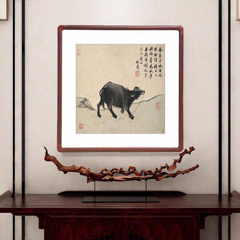 沈周卧游图斗方形字画客厅装饰画玄关走廊过道壁画餐厅动物牛挂画