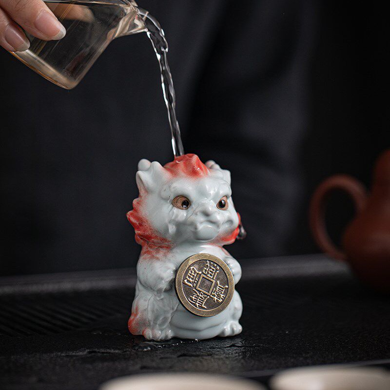 汝窑小龙醒狮茶宠天青开片可养茶玩摆设手把摆件陶瓷茶具个性送礼