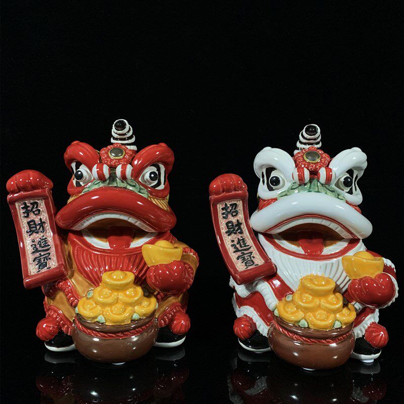 石湾陶瓷醒狮摆件文创舞狮中式客厅电视柜摆设工艺品乔迁开业礼品