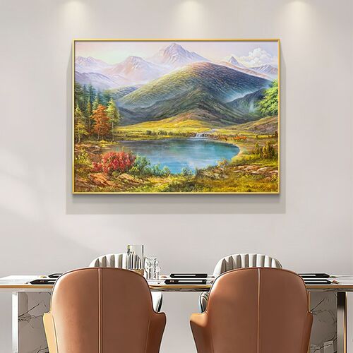 新款山水餐厅装饰画饭桌背景墙挂画聚宝盆轻奢入户玄关柜走道壁画