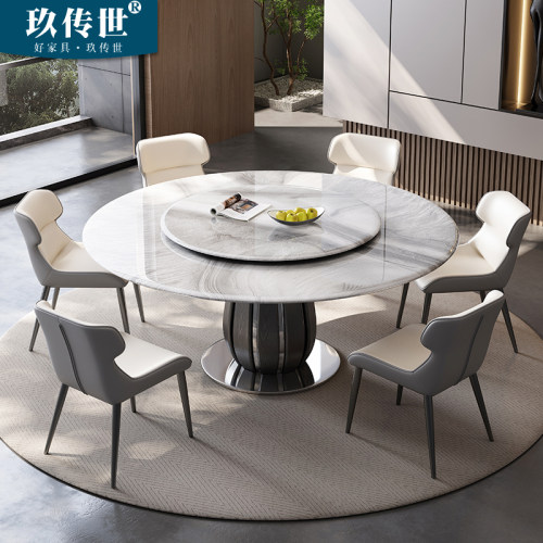 不锈钢高端超晶石餐桌白蜡木圆形大理石奢石带转盘轻奢实木圆桌