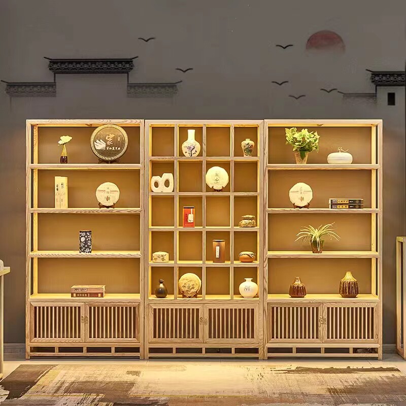 白蜡木书柜博古架实木新中式多宝阁隔断货架层架置物架茶叶展示架