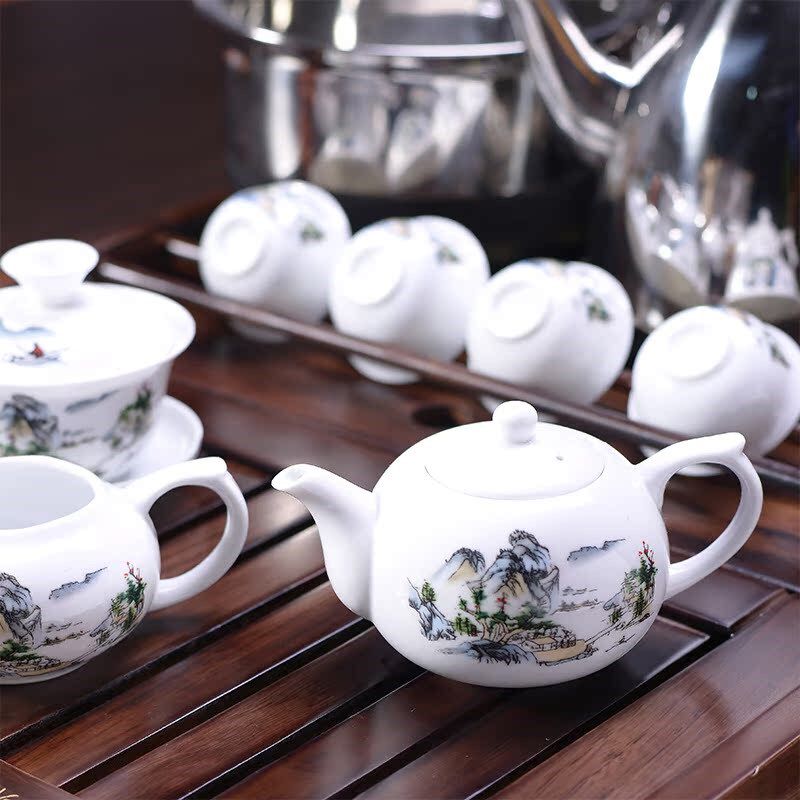 香自吟柯木实木仿古火烧荷花茶盘青花唐诗山水整套功夫茶具套组