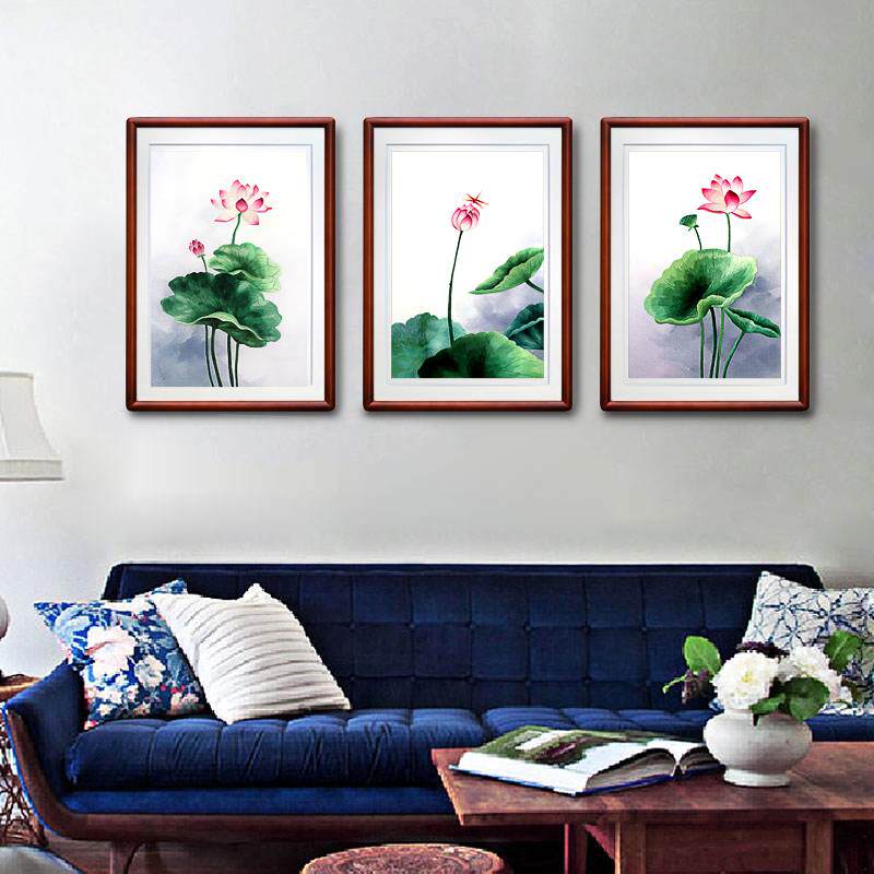有福湘绣精品客厅装饰画轻奢新中式荷花三联条屏床头挂画送礼定制