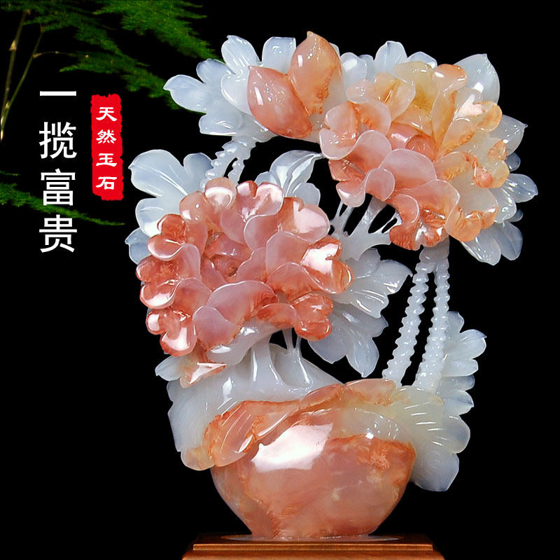玉石摆件牡丹花富贵平安新房家居客厅玄关桌装饰摆设中式乔迁礼品