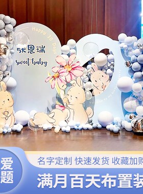 蓝色系宝宝周岁生日布置装饰场景男女孩满月宴百日气球背景墙kt板